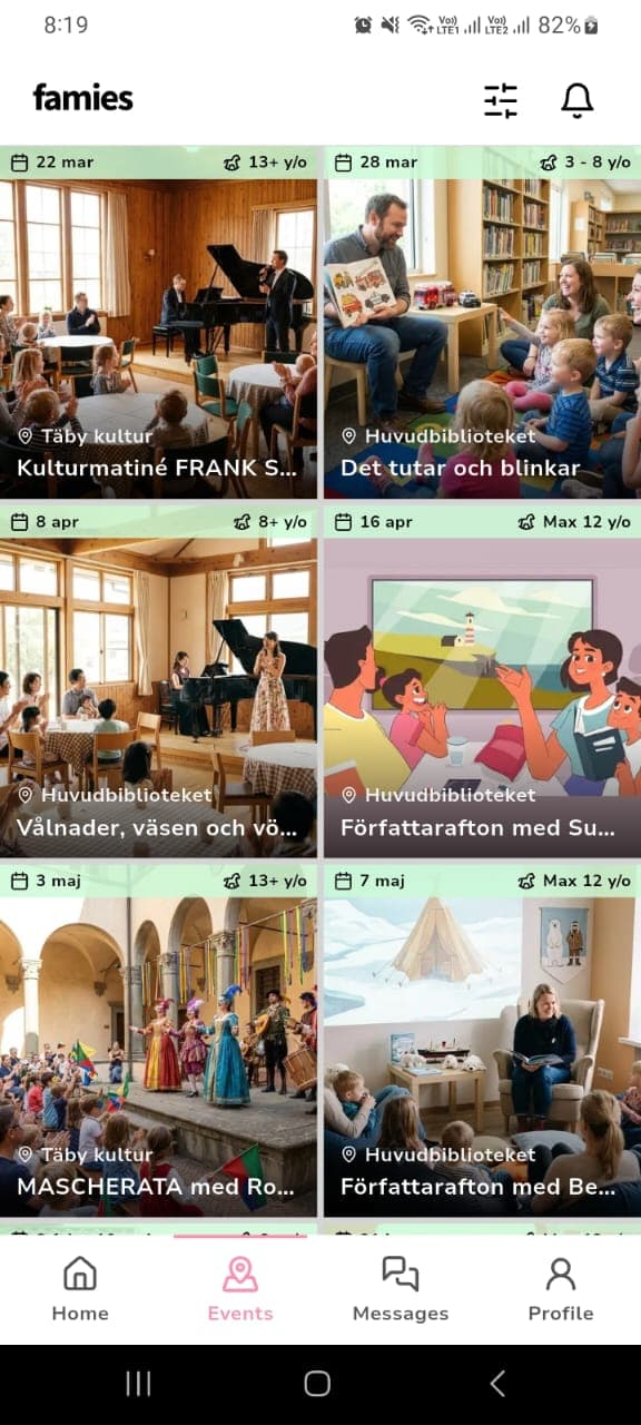 Famies app, hem-flöde med evenemang nära dig